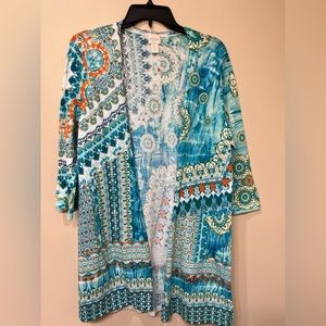 Chicos, open tunic, Size 2, turquoise, green, black. Like new. Used once.